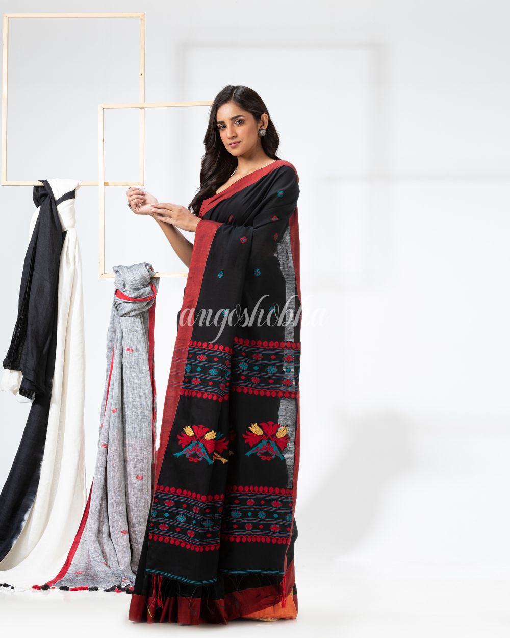 Black Cotton Blend Festive Jamdani Saree angoshobha