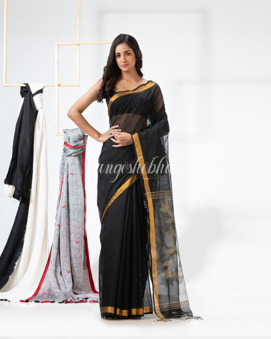 Black Cotton Blend Festive Jamdani Saree angoshobha