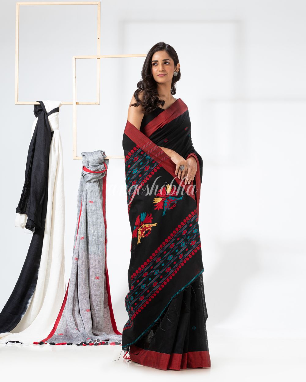 Black Cotton Blend Festive Jamdani Saree angoshobha
