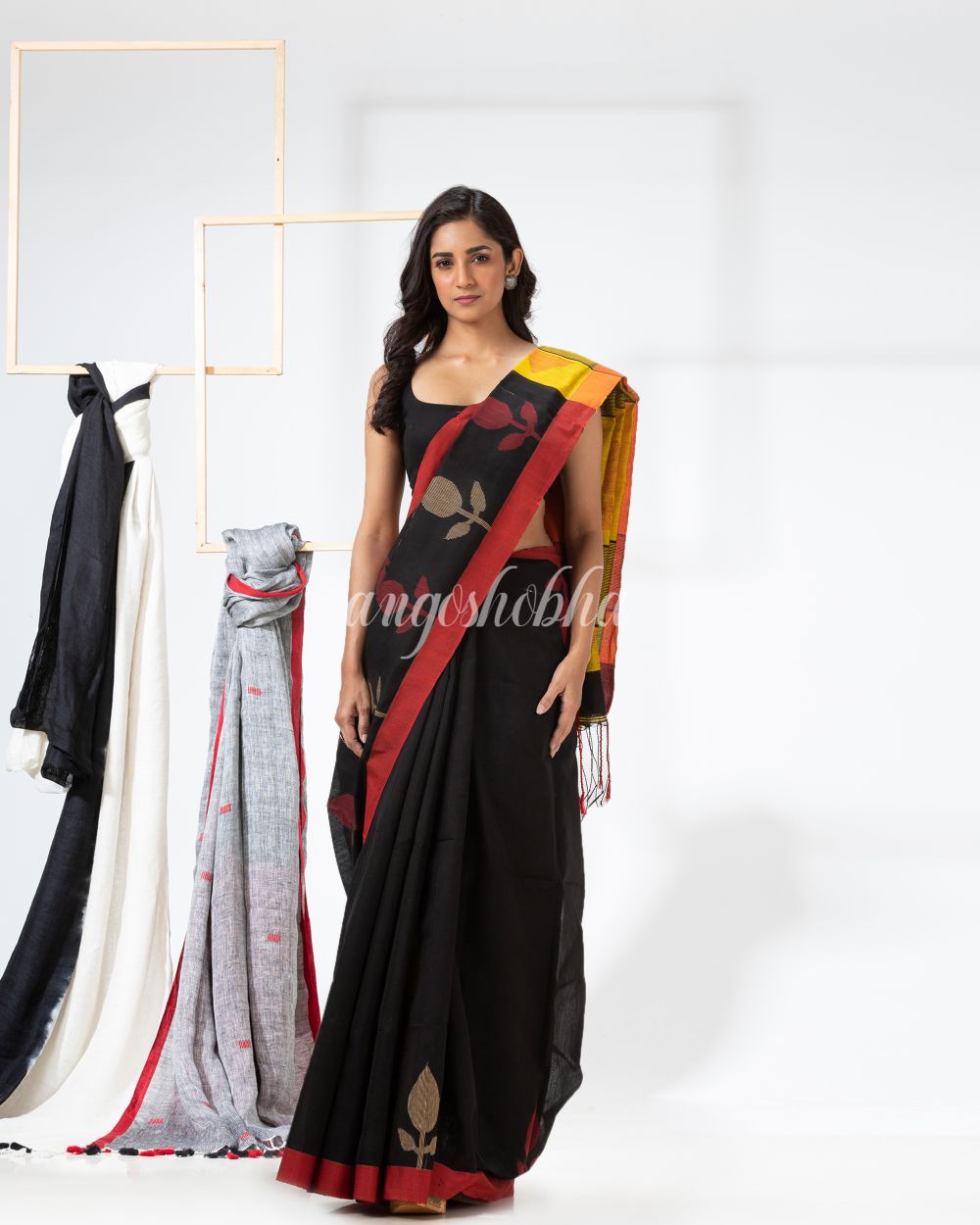 Black Cotton Blend Festive Jamdani Saree angoshobha