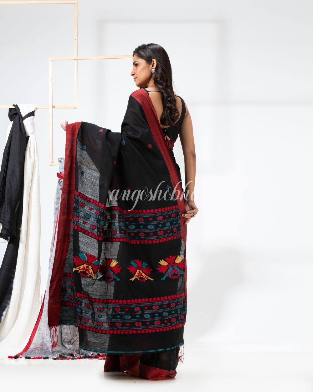 Black Cotton Blend Festive Jamdani Saree angoshobha