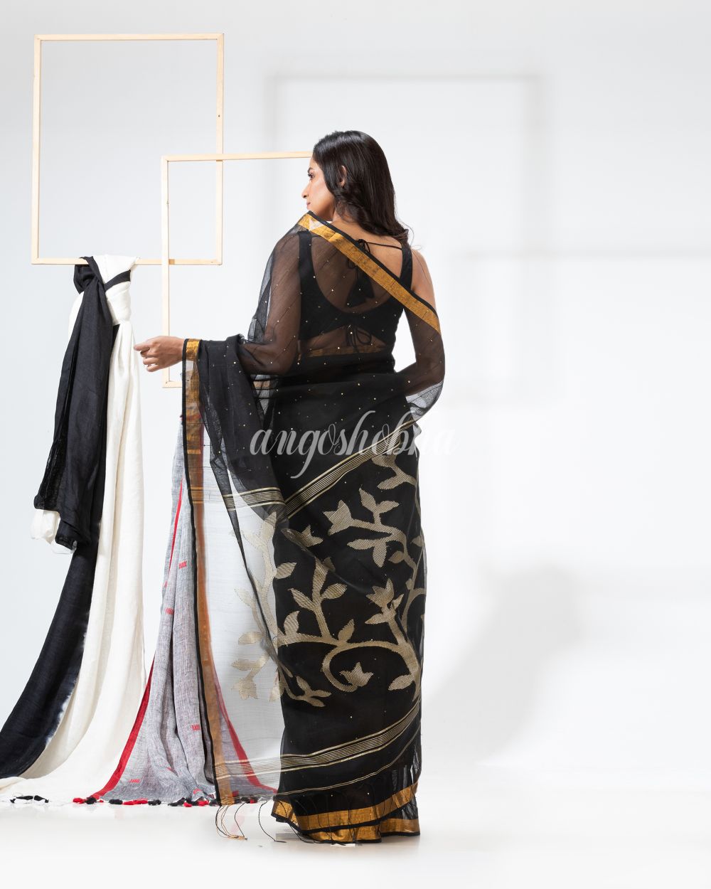Black Cotton Blend Festive Jamdani Saree angoshobha