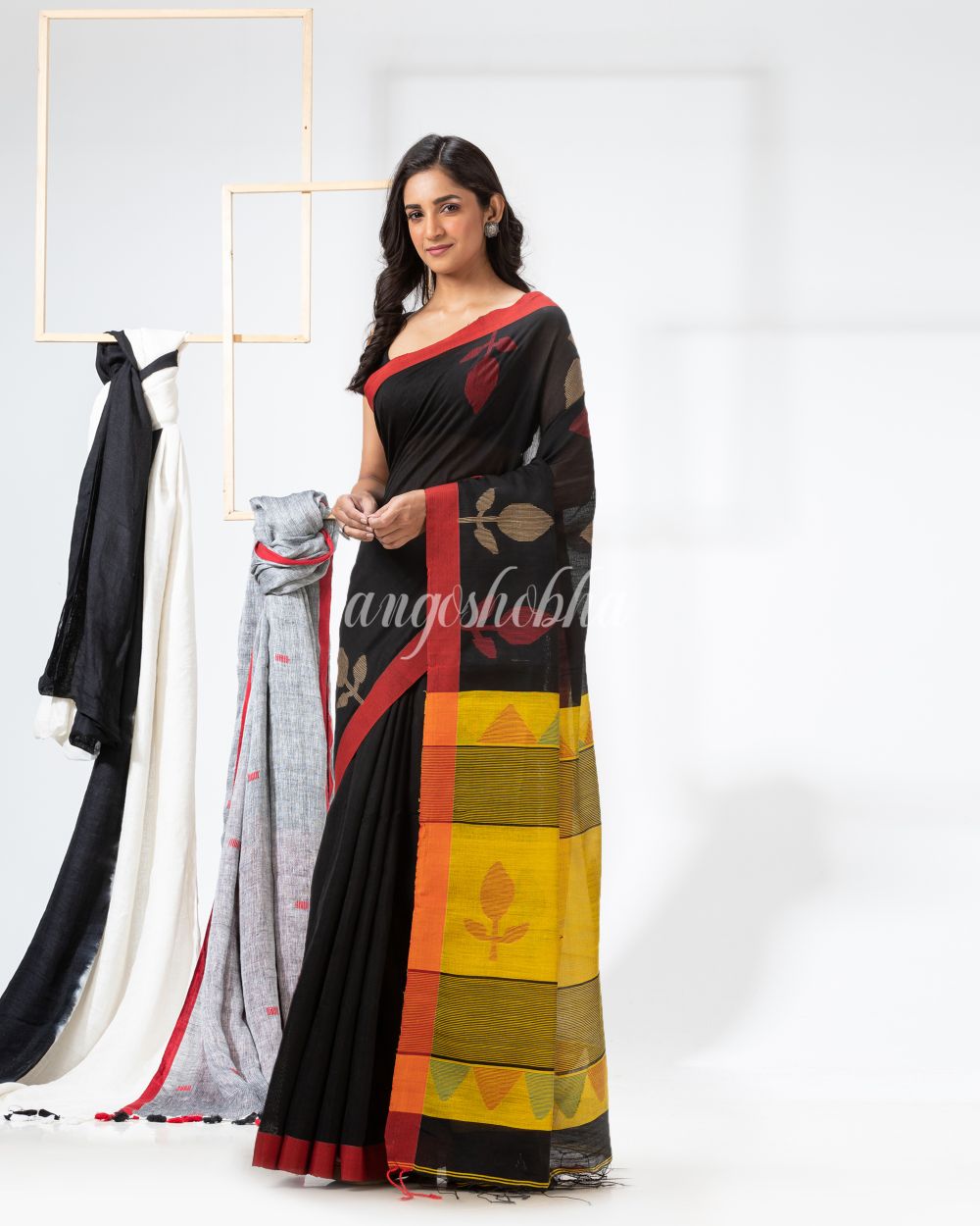 Black Cotton Blend Festive Jamdani Saree angoshobha