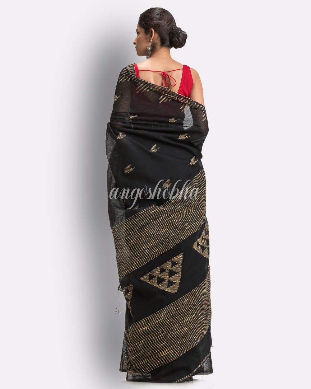Black Cotton Blend Handloom Jamdani Saree angoshobha