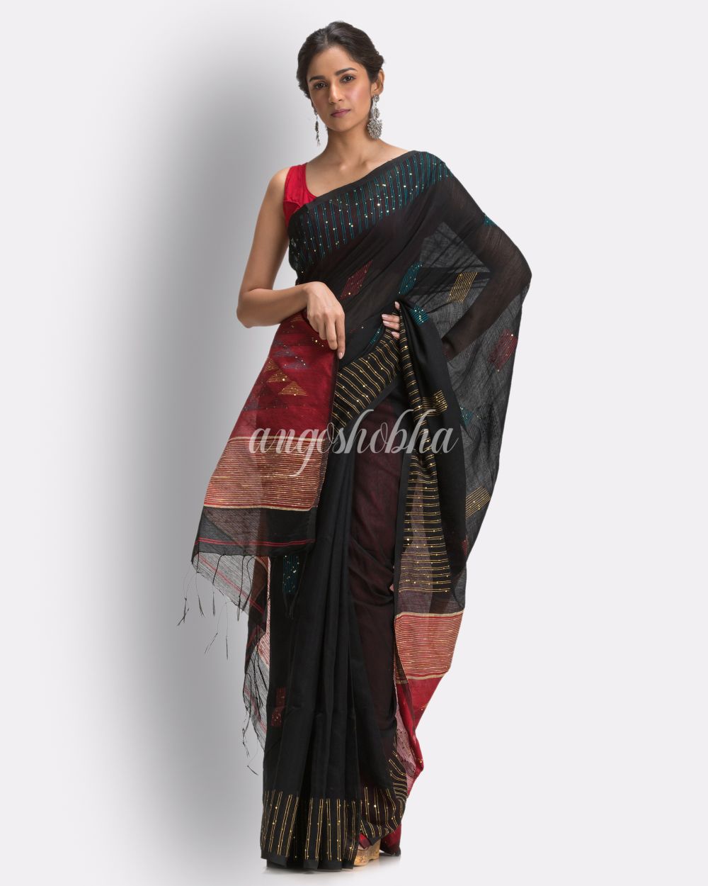 Black Cotton Blend Handloom Jamdani Saree angoshobha