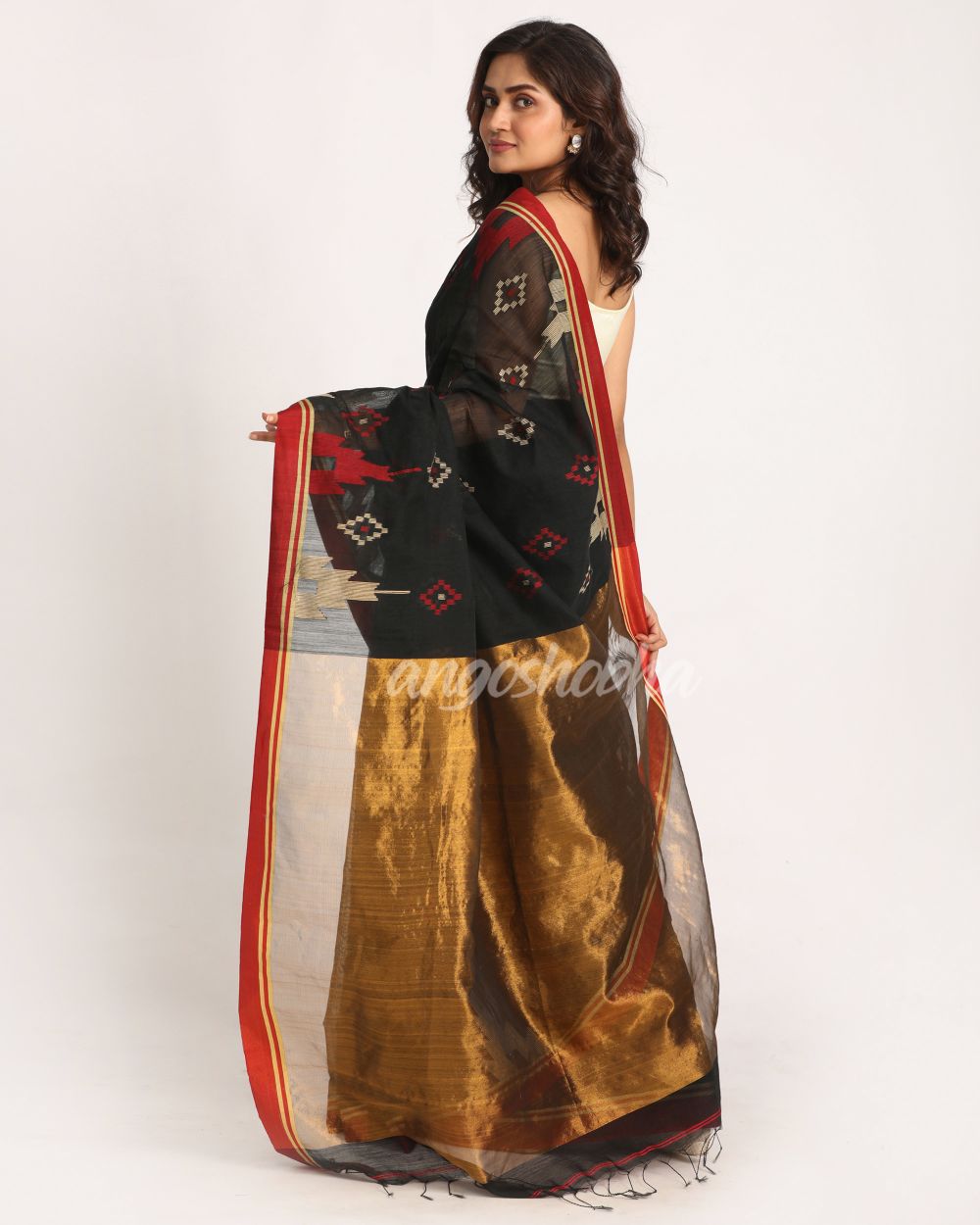 Black Cotton Blend Handloom Jamdani Saree angoshobha