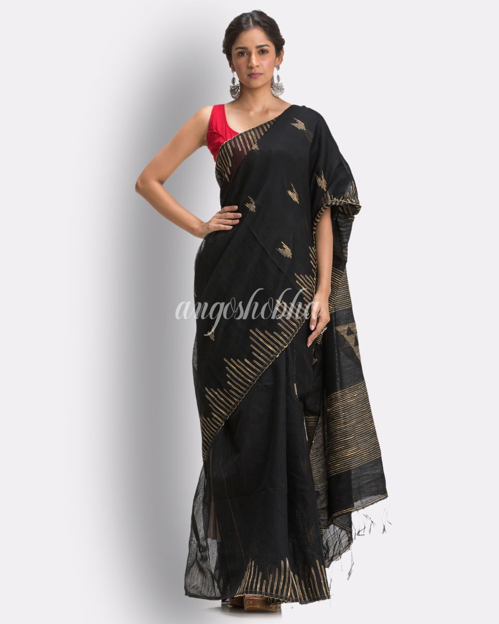 Black Cotton Blend Handloom Jamdani Saree angoshobha