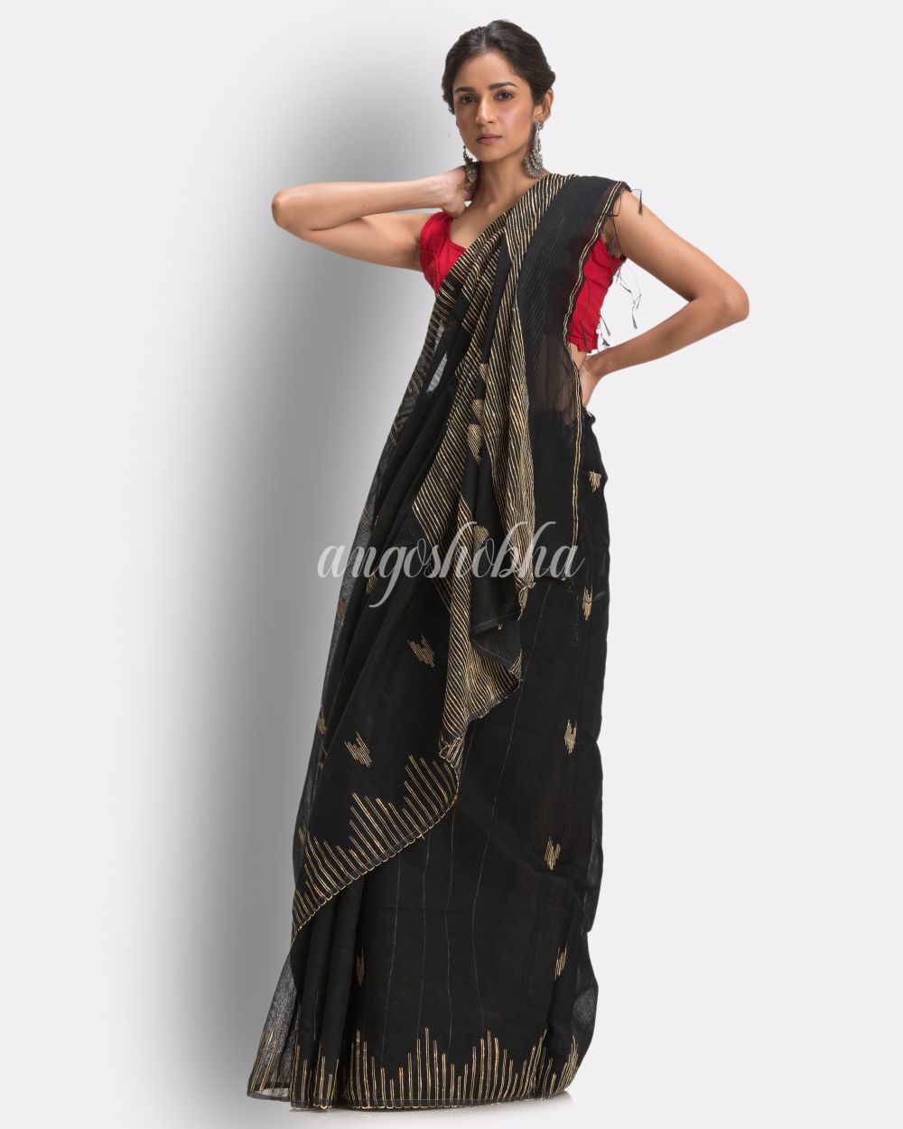 Black Cotton Blend Handloom Jamdani Saree angoshobha