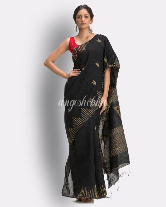 Black Cotton Blend Handloom Jamdani Saree angoshobha