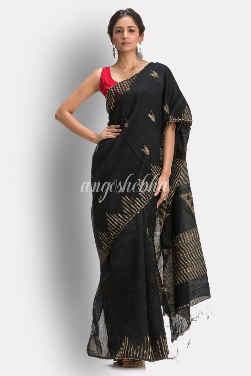 Black Cotton Blend Handloom Jamdani Saree