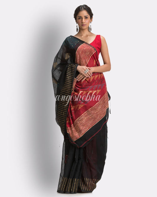 Black Cotton Blend Handloom Jamdani Saree angoshobha