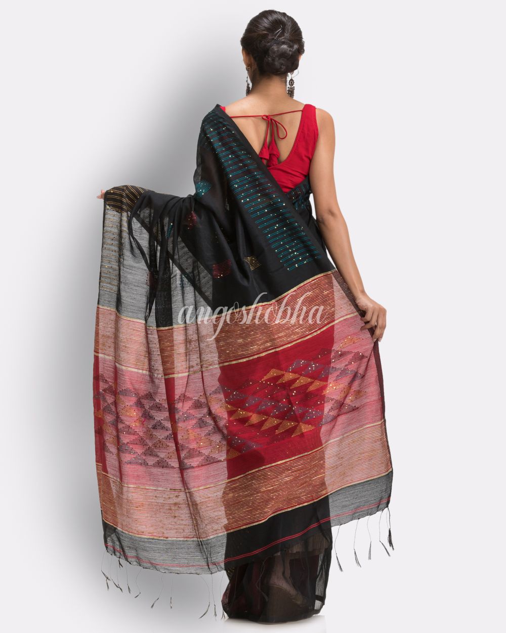 Black Cotton Blend Handloom Jamdani Saree angoshobha