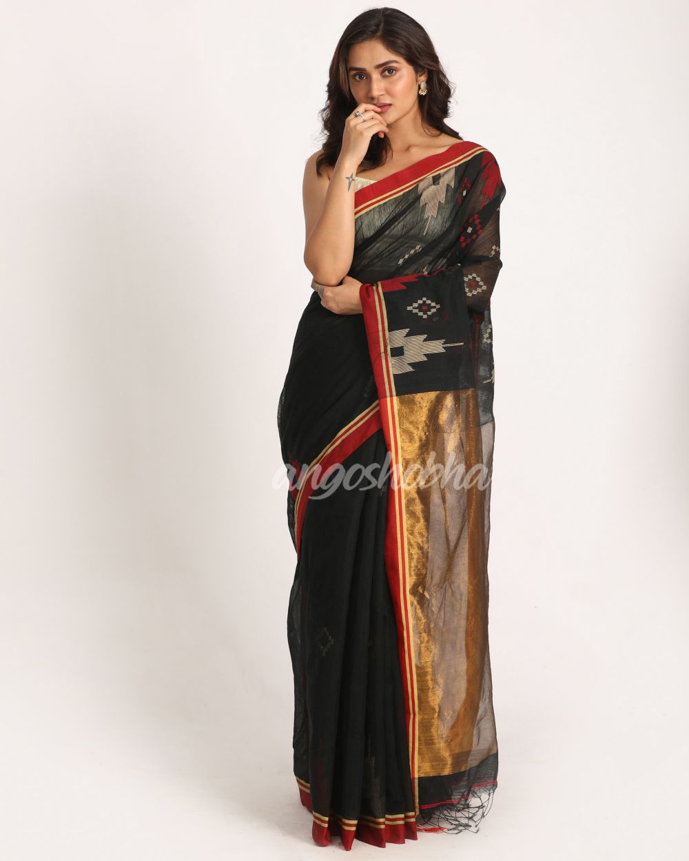 Black Cotton Blend Handloom Jamdani Saree angoshobha
