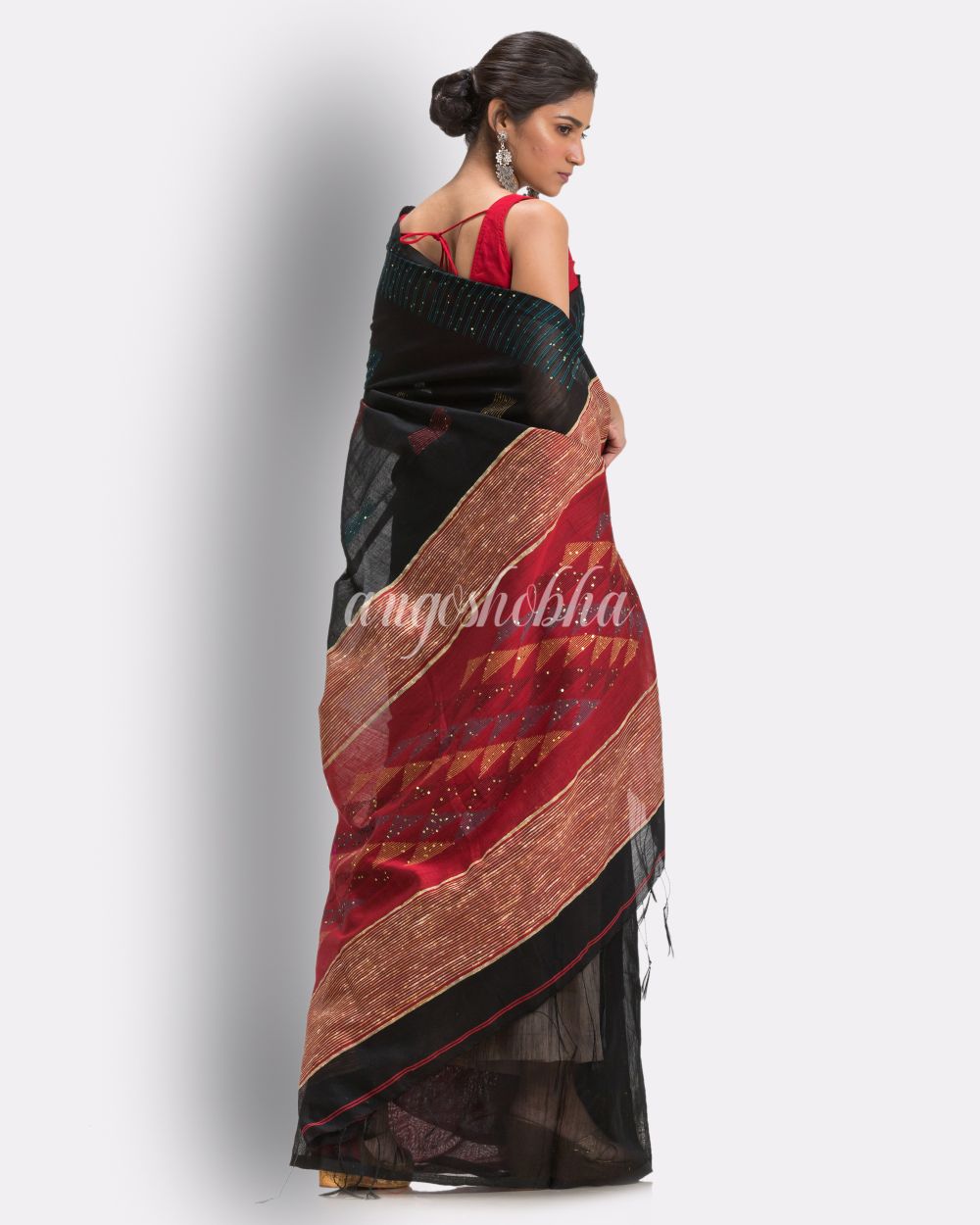 Black Cotton Blend Handloom Jamdani Saree angoshobha