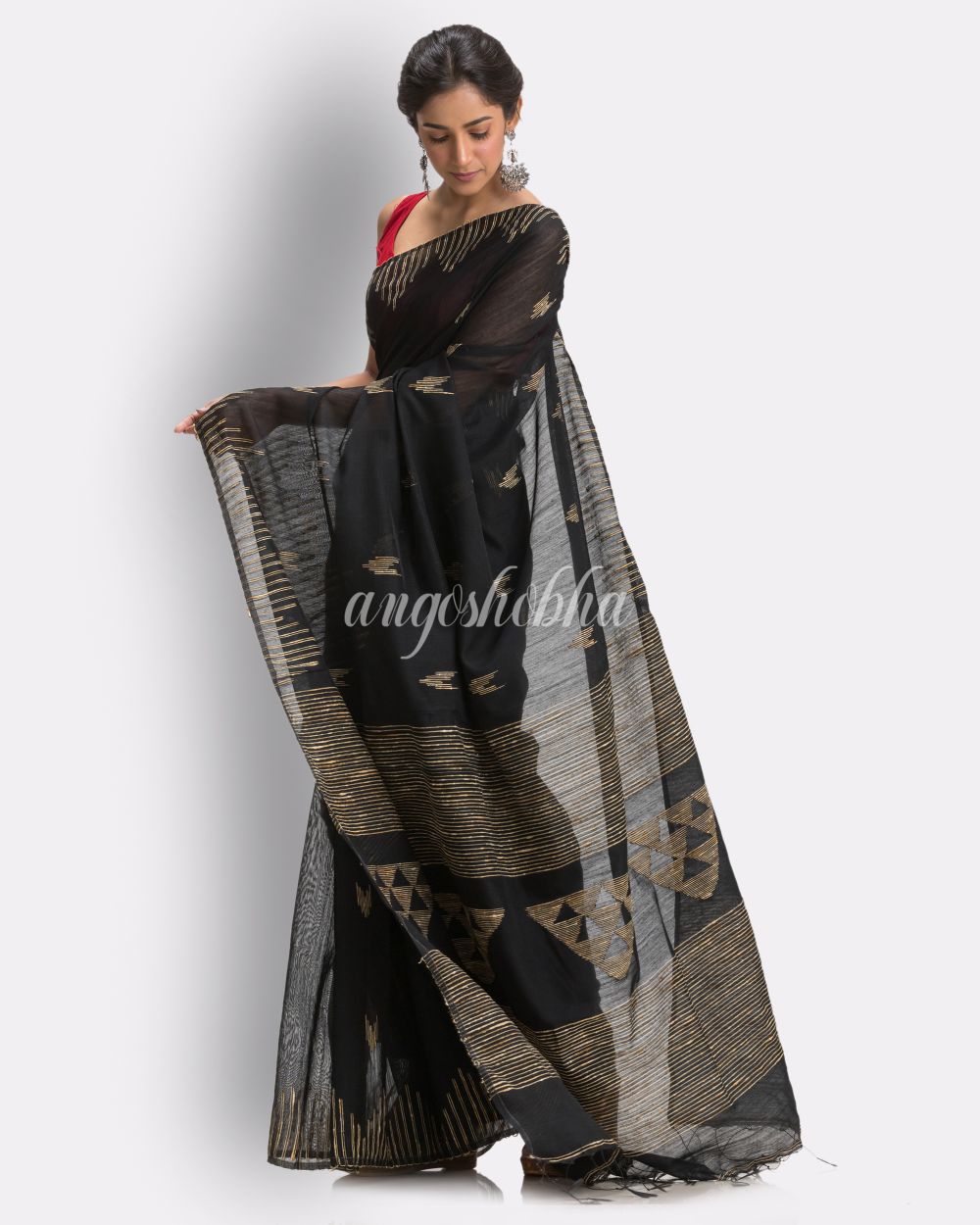 Black Cotton Blend Handloom Jamdani Saree angoshobha
