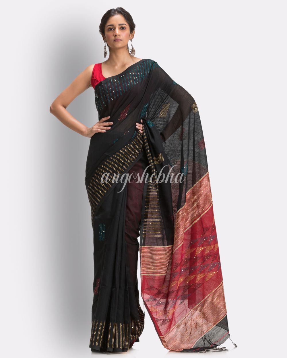 Black Cotton Blend Handloom Jamdani Saree angoshobha