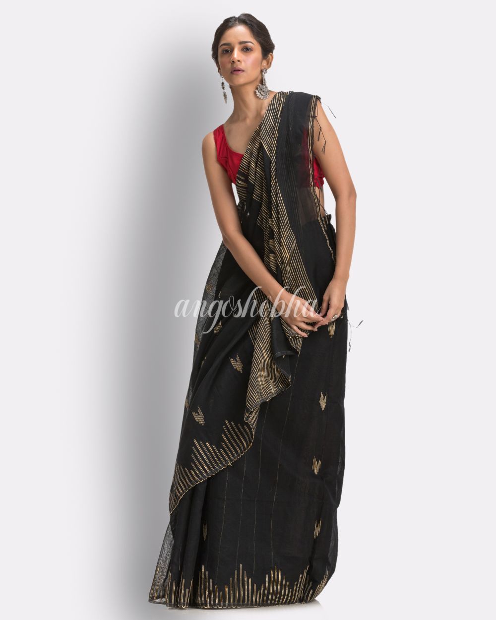 Black Cotton Blend Handloom Jamdani Saree angoshobha