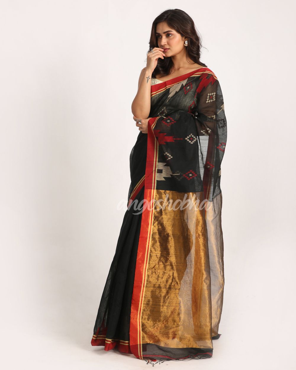 Black Cotton Blend Handloom Jamdani Saree angoshobha