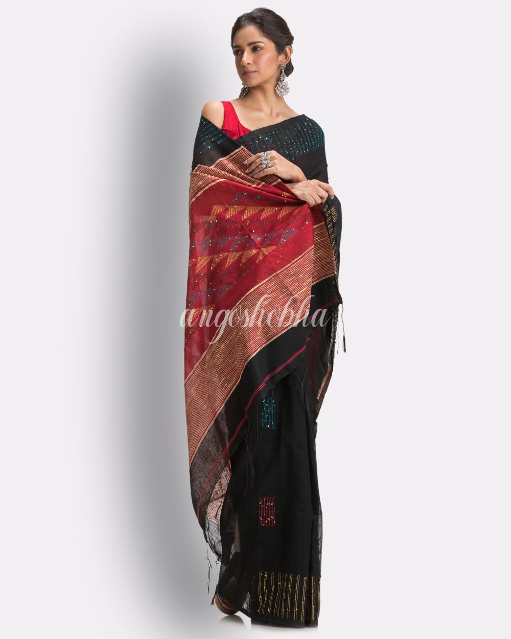 Black Cotton Blend Handloom Jamdani Saree angoshobha