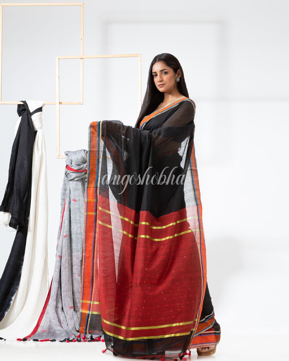 Black Cotton Blend Handloom Saree angoshobha
