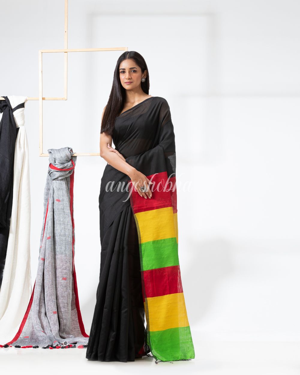 Black Cotton Blend Handloom Saree angoshobha