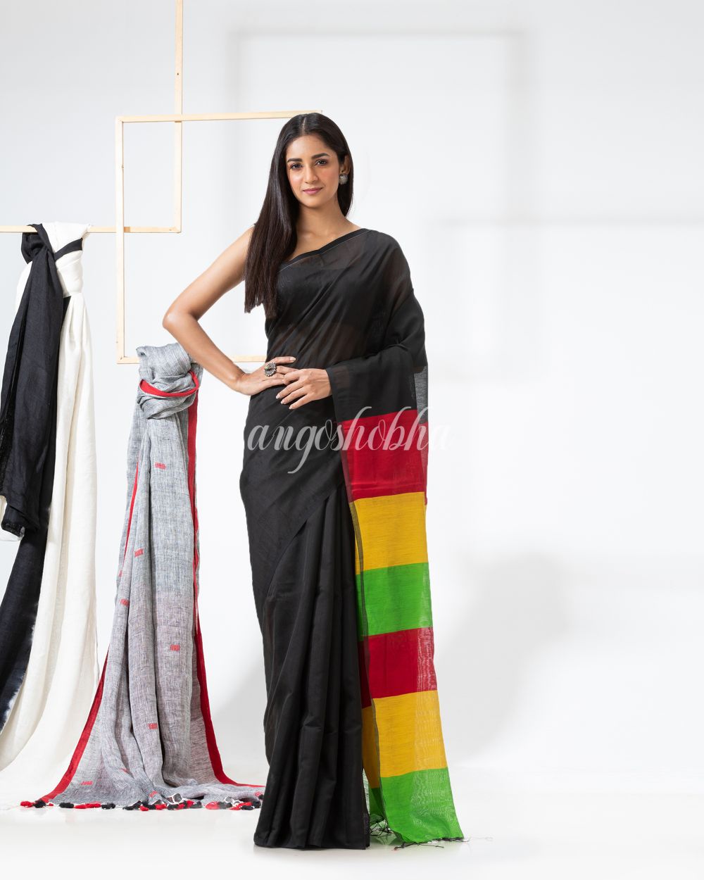 Black Cotton Blend Handloom Saree angoshobha