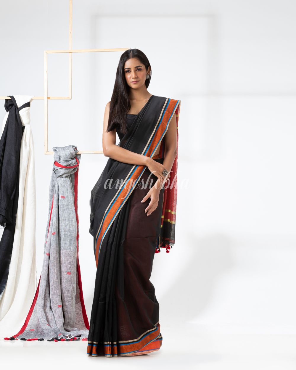 Black Cotton Blend Handloom Saree angoshobha