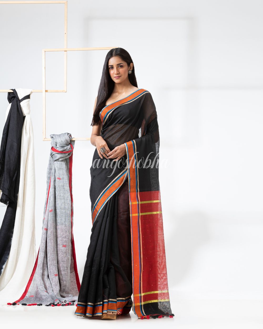 Black Cotton Blend Handloom Saree angoshobha