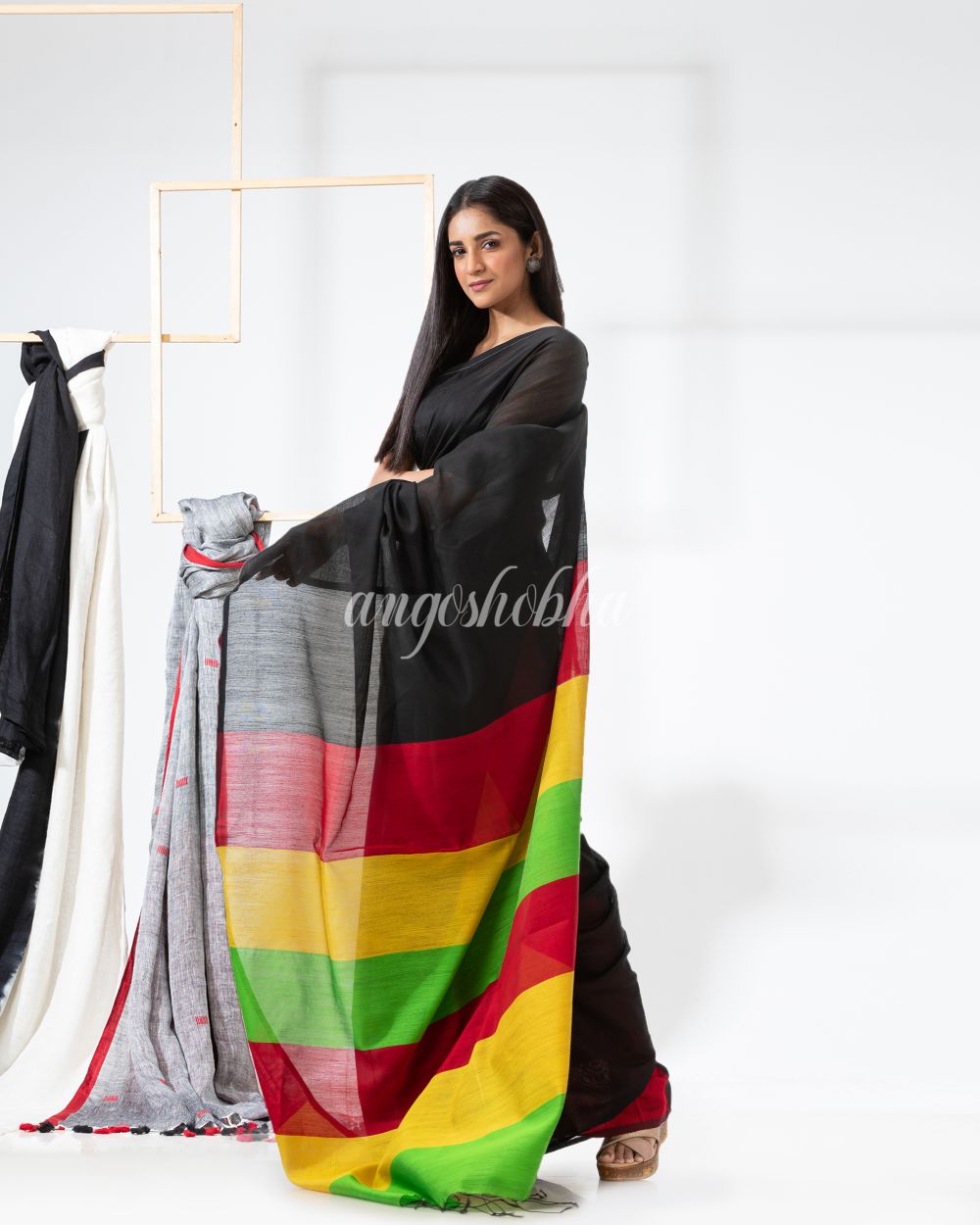 Black Cotton Blend Handloom Saree angoshobha