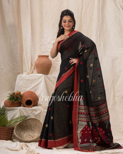 Black Cotton Blend Traditional Jamdani Saree angoshobha