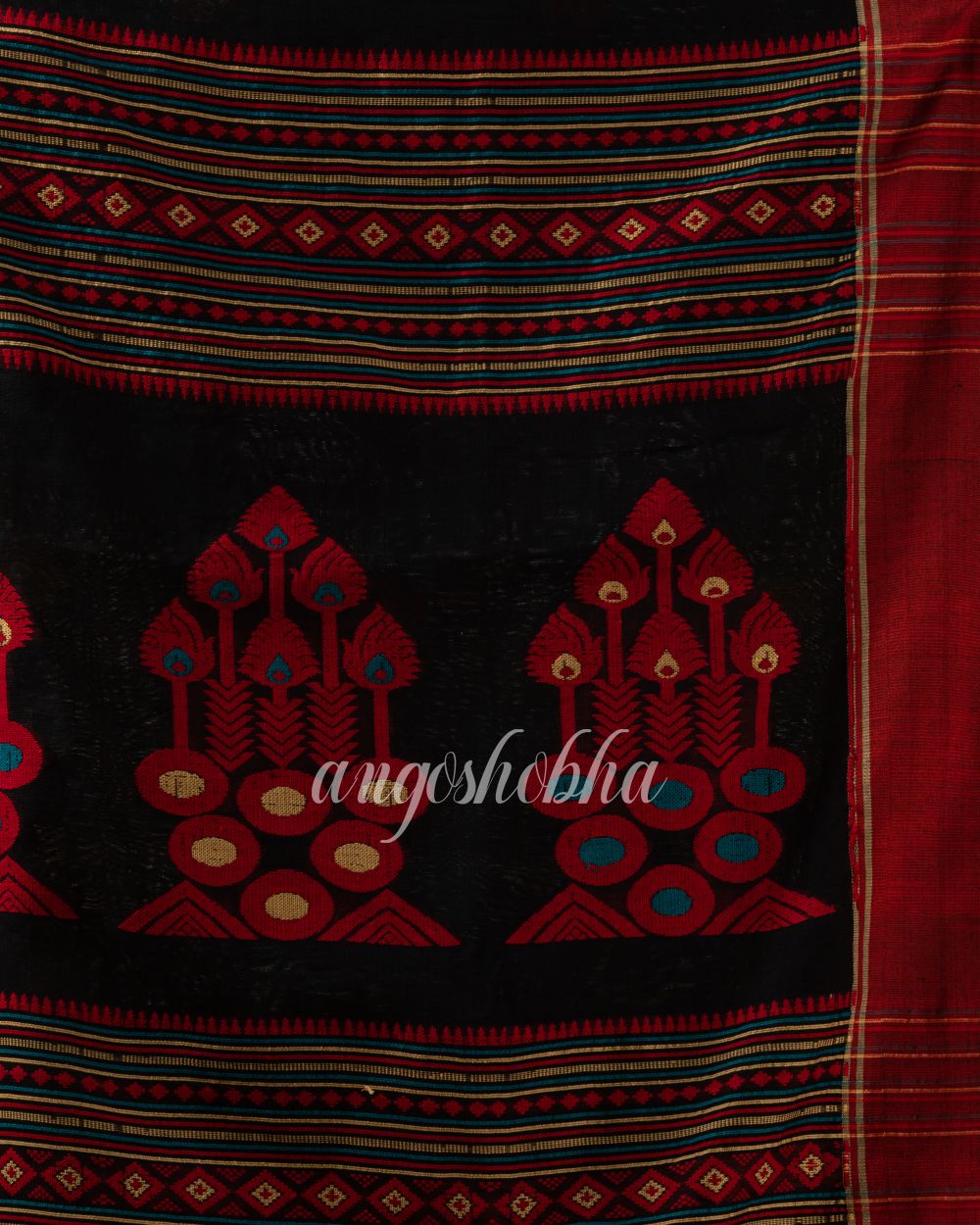 Black Cotton Blend Traditional Jamdani Saree angoshobha