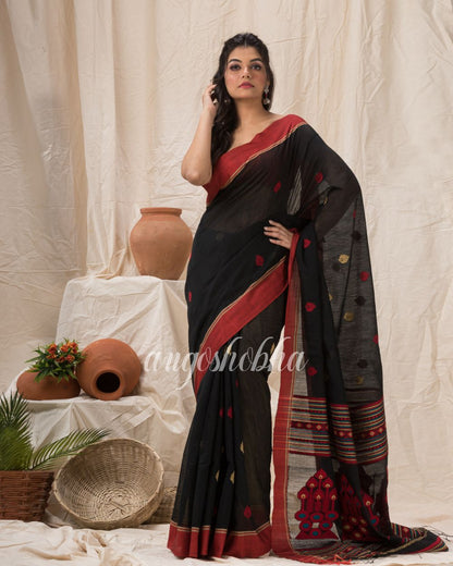 Black Cotton Blend Traditional Jamdani Saree angoshobha