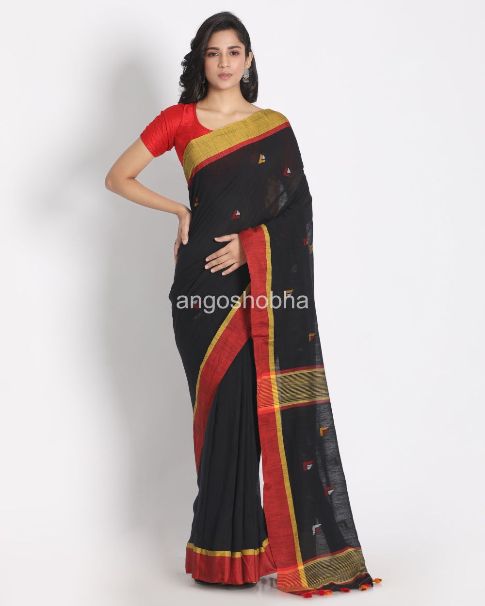 Black Cotton Handloom Saree angoshobha