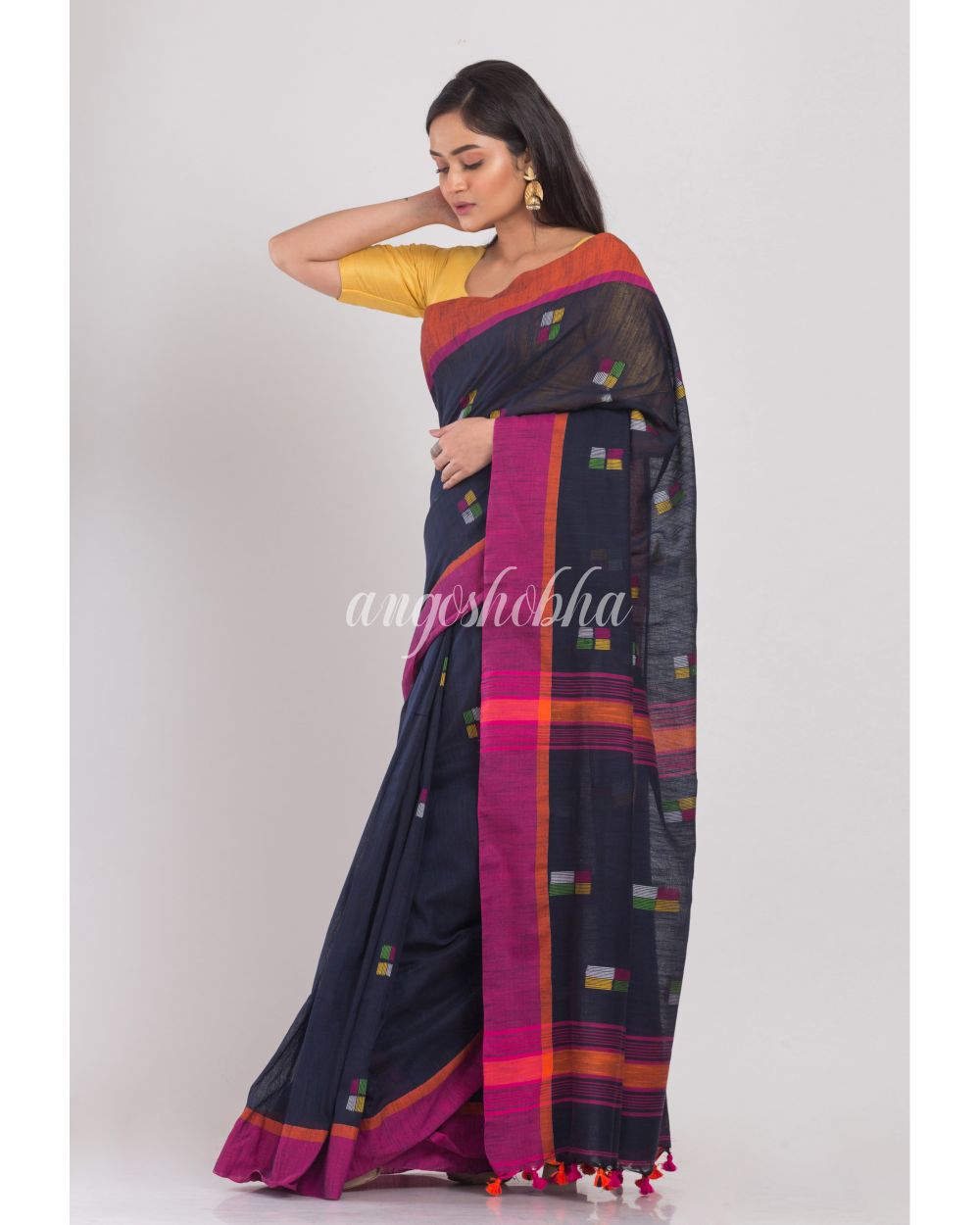 Black Cotton Handloom Saree angoshobha