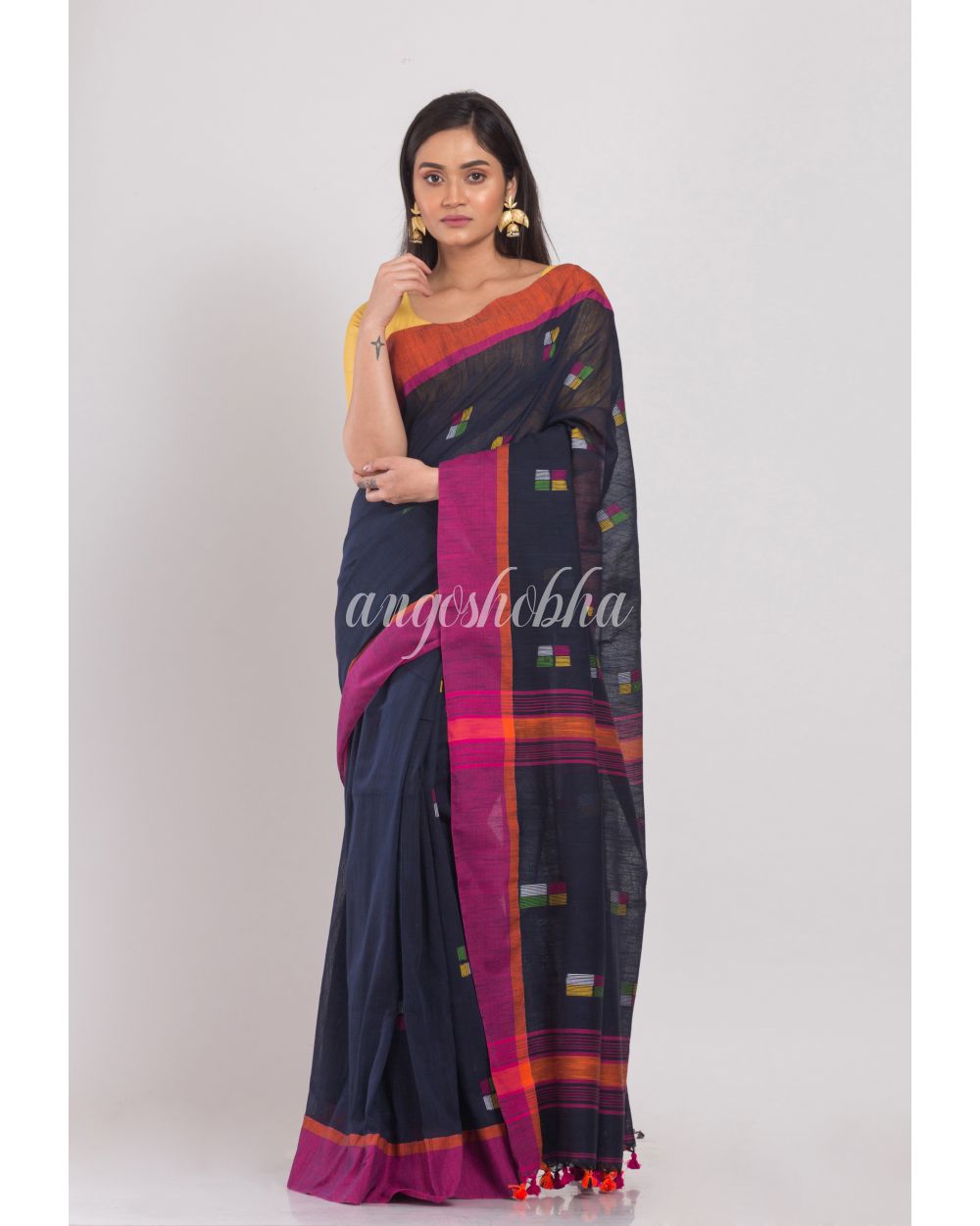 Black Cotton Handloom Saree angoshobha