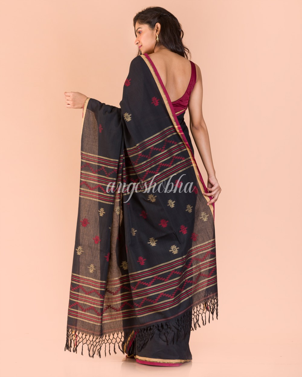 Black Cotton Jamdani Saree angoshobha