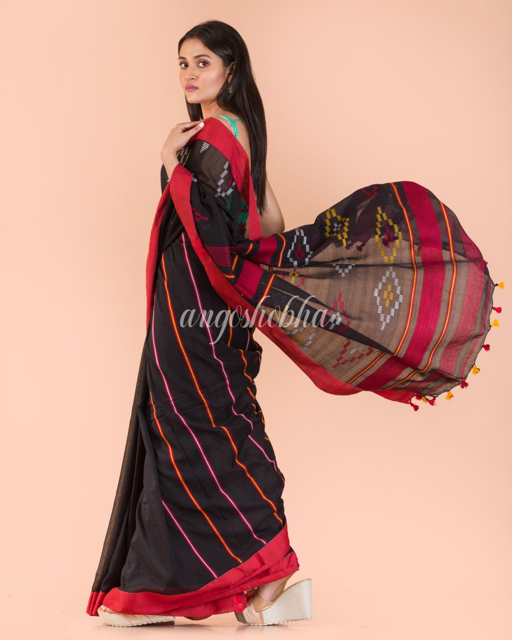 Black Cotton Jamdani Saree angoshobha