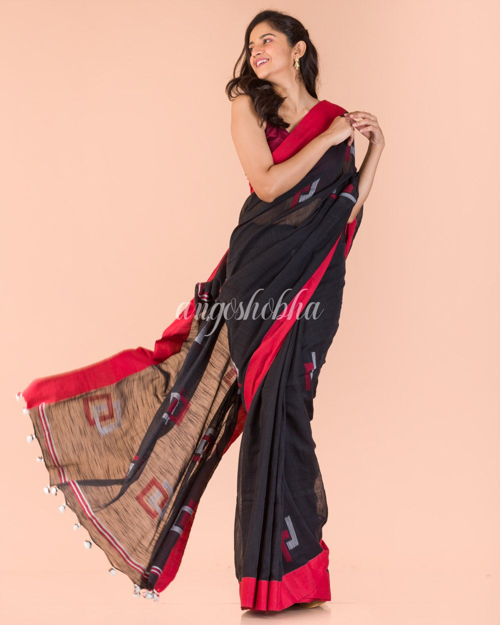 Black Cotton Jamdani Saree angoshobha
