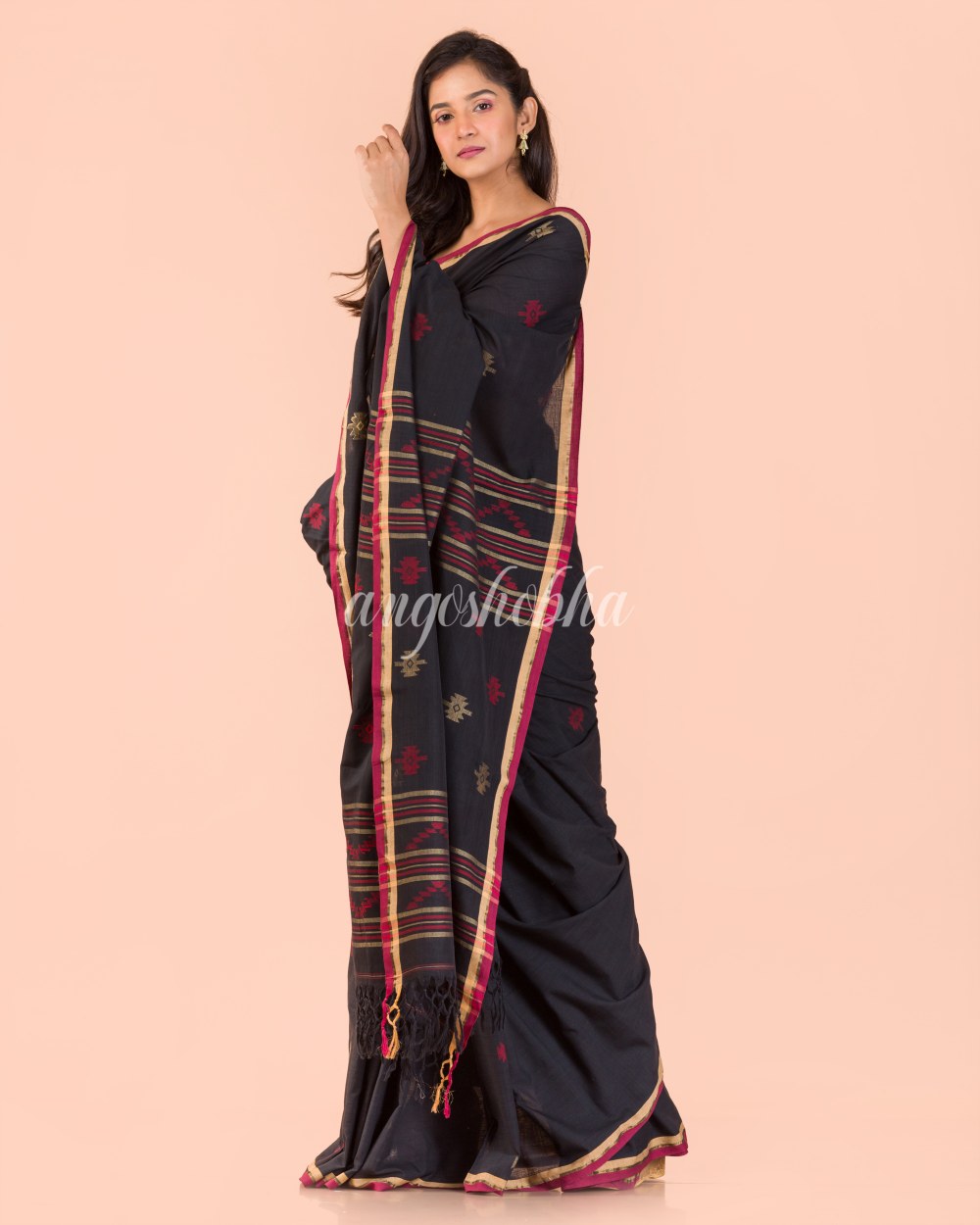 Black Cotton Jamdani Saree angoshobha