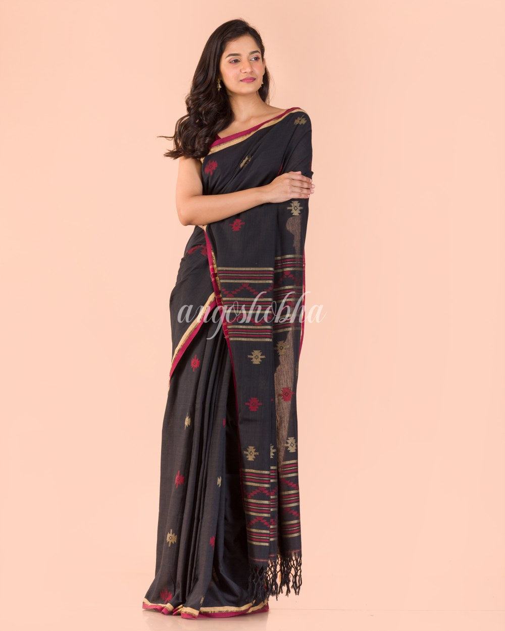 Black Cotton Jamdani Saree angoshobha