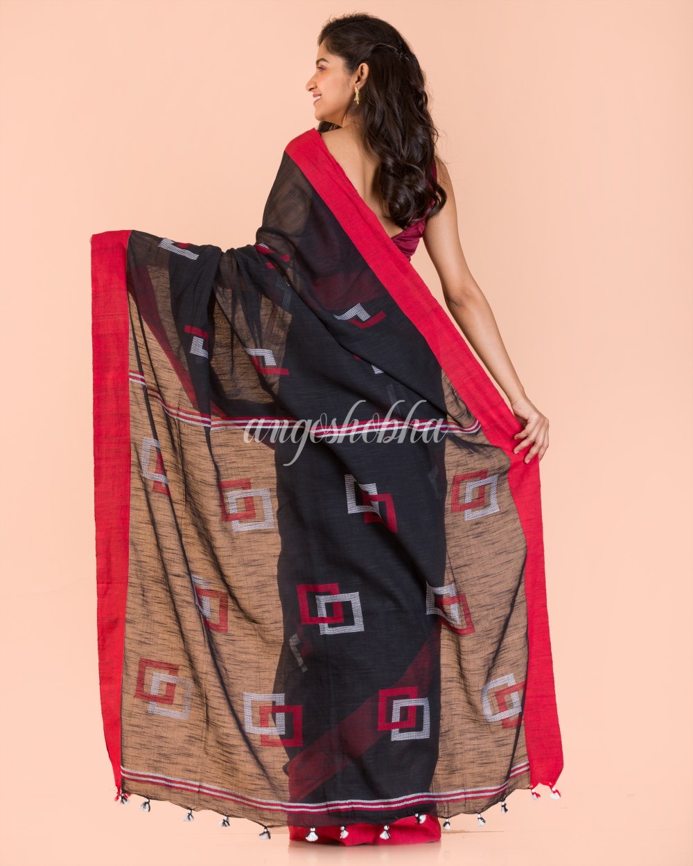 Black Cotton Jamdani Saree angoshobha