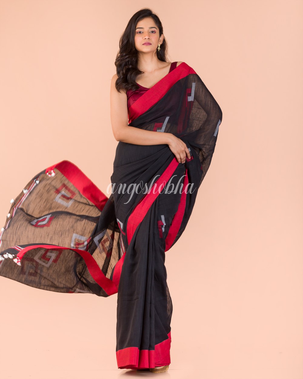 Black Cotton Jamdani Saree angoshobha