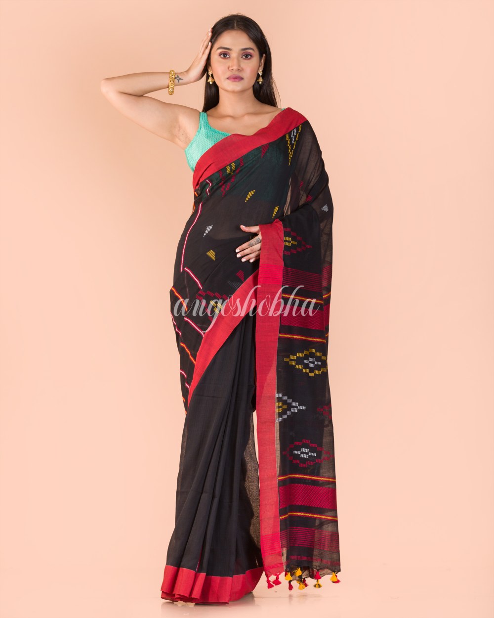 Black Cotton Jamdani Saree angoshobha