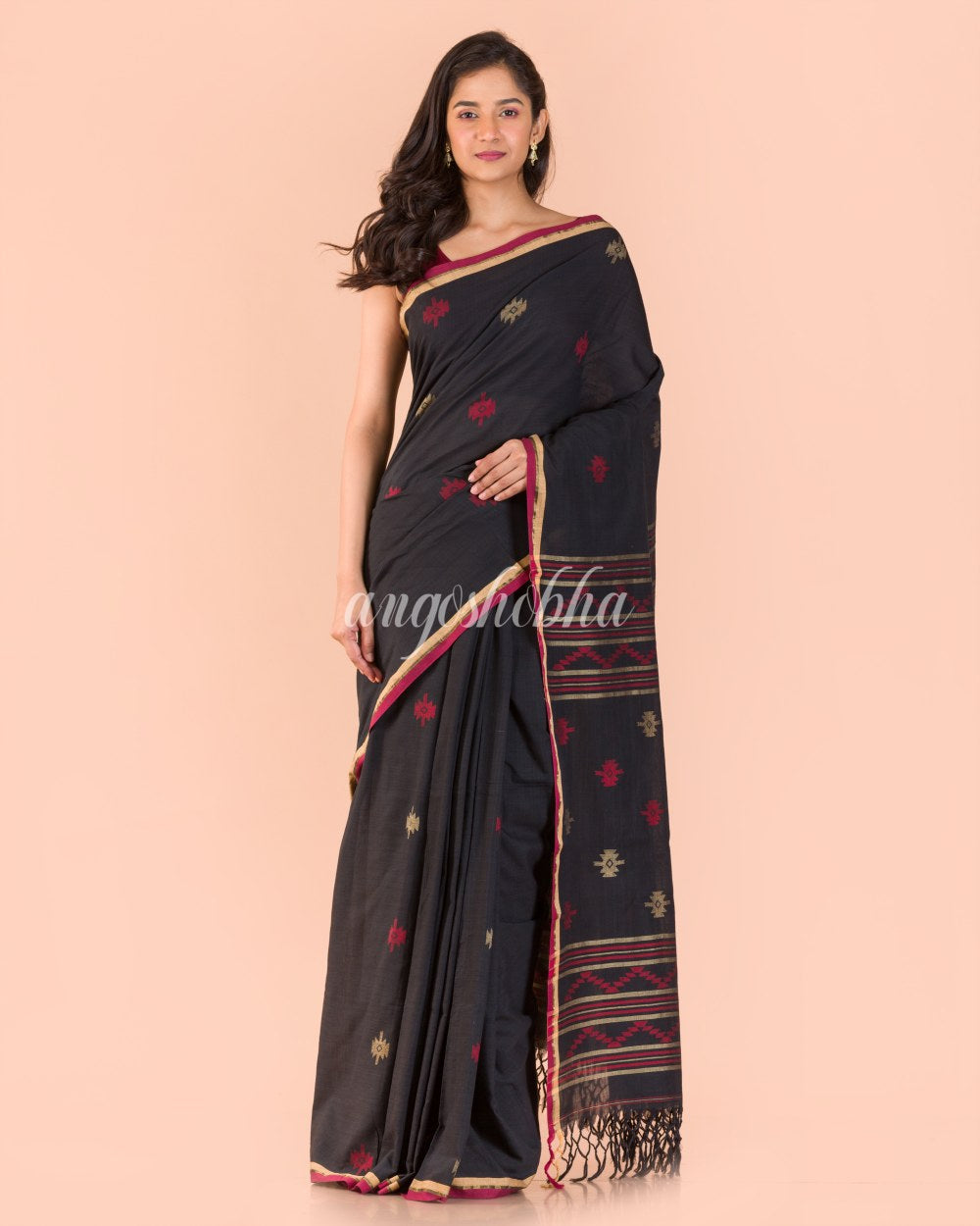 Black Cotton Jamdani Saree angoshobha