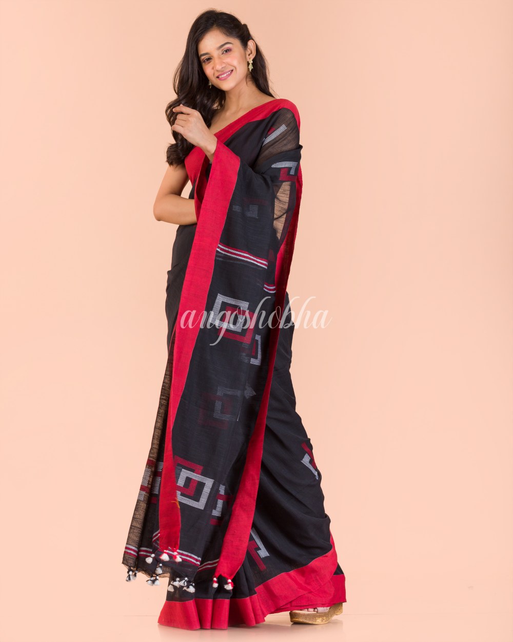 Black Cotton Jamdani Saree angoshobha