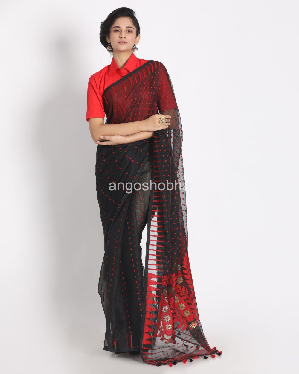 Black Cotton Silk Jamdani Saree angoshobha