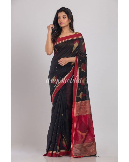 Black Cotton Silk Jamdani Saree angoshobha