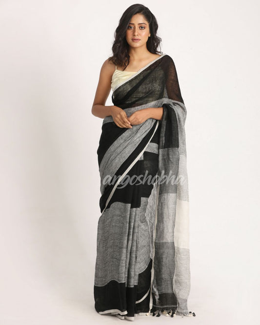 Black Grey Traditional Handloom Linen Saree angoshobha