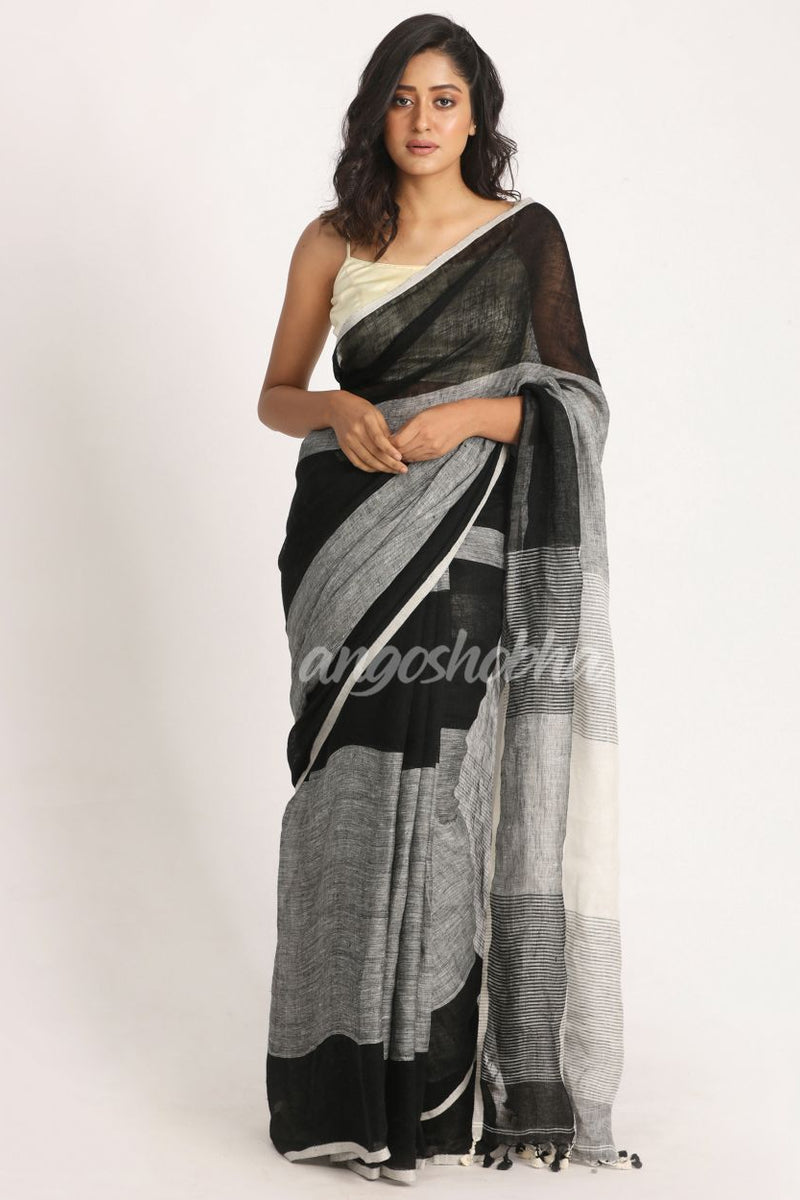 Black Grey Traditional Handloom Linen Saree