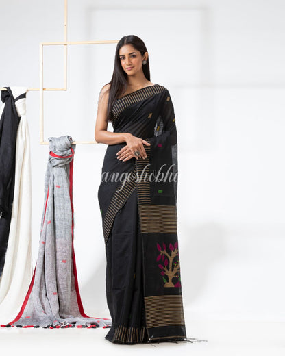 Black Handloom Cotton Blend Jamdani Saree angoshobha